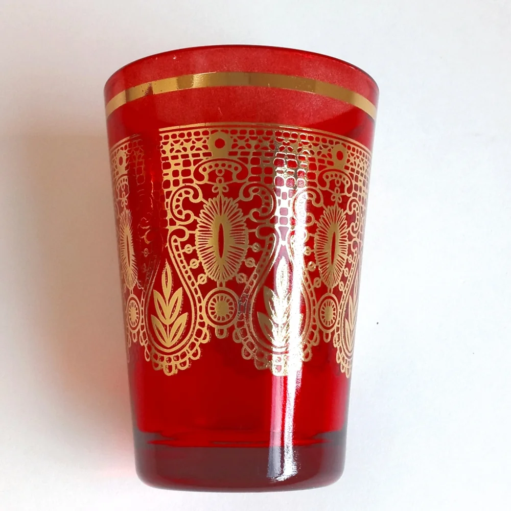 Vintage Moroccan / Turkish Tea Glasses Red & Gold Embellished Design Set of 2